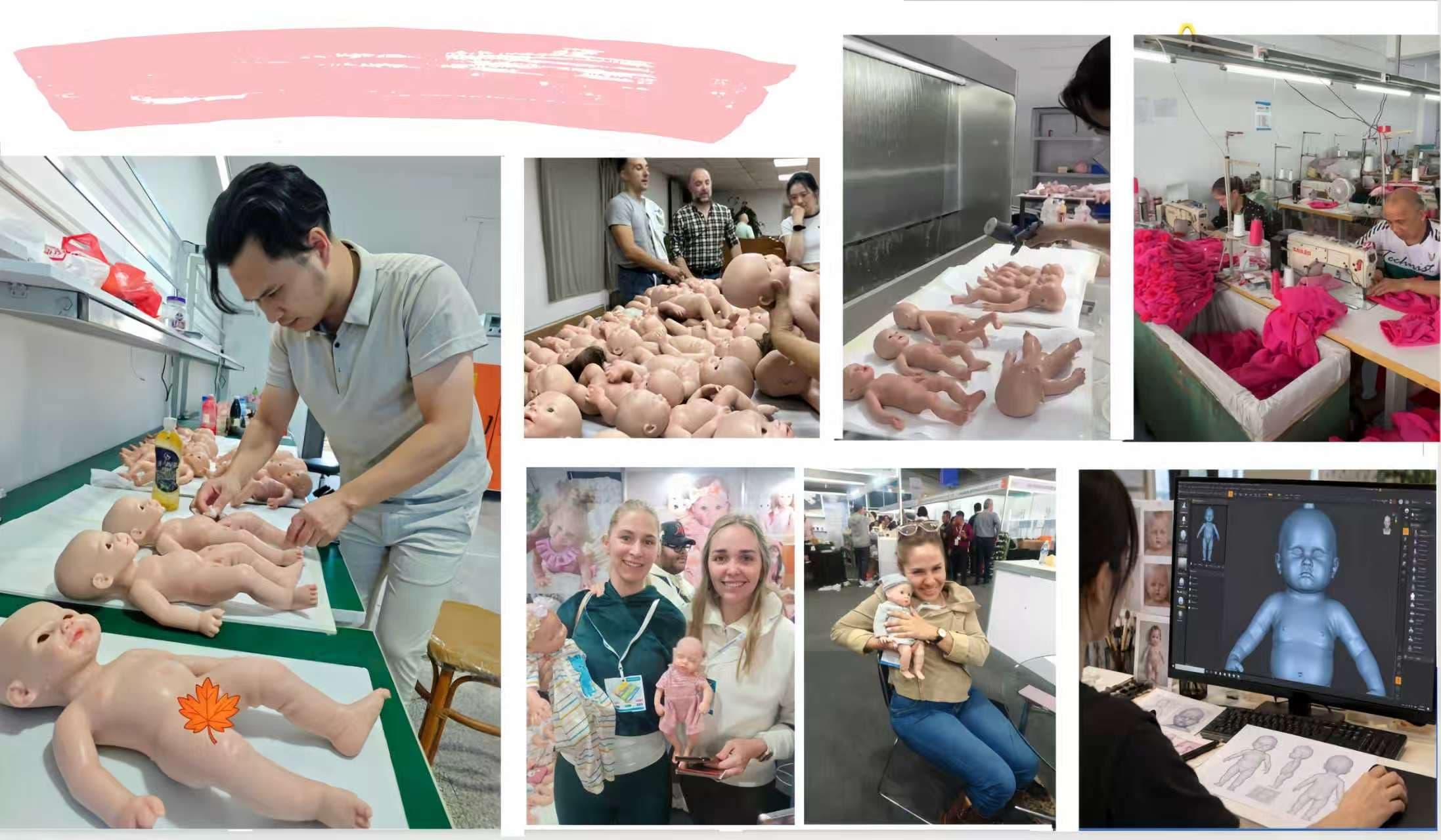 A collage of seven photographs: a designer sculpting a doll on screen beside pencil sketches; a worker laying out unpainted doll bodies on a bench; three people looking over a table of doll parts; doll bodies being sprayed in a booth; a sewing room with pink doll clothes; and two scenes of visitors holding dolls at international trade fairs.