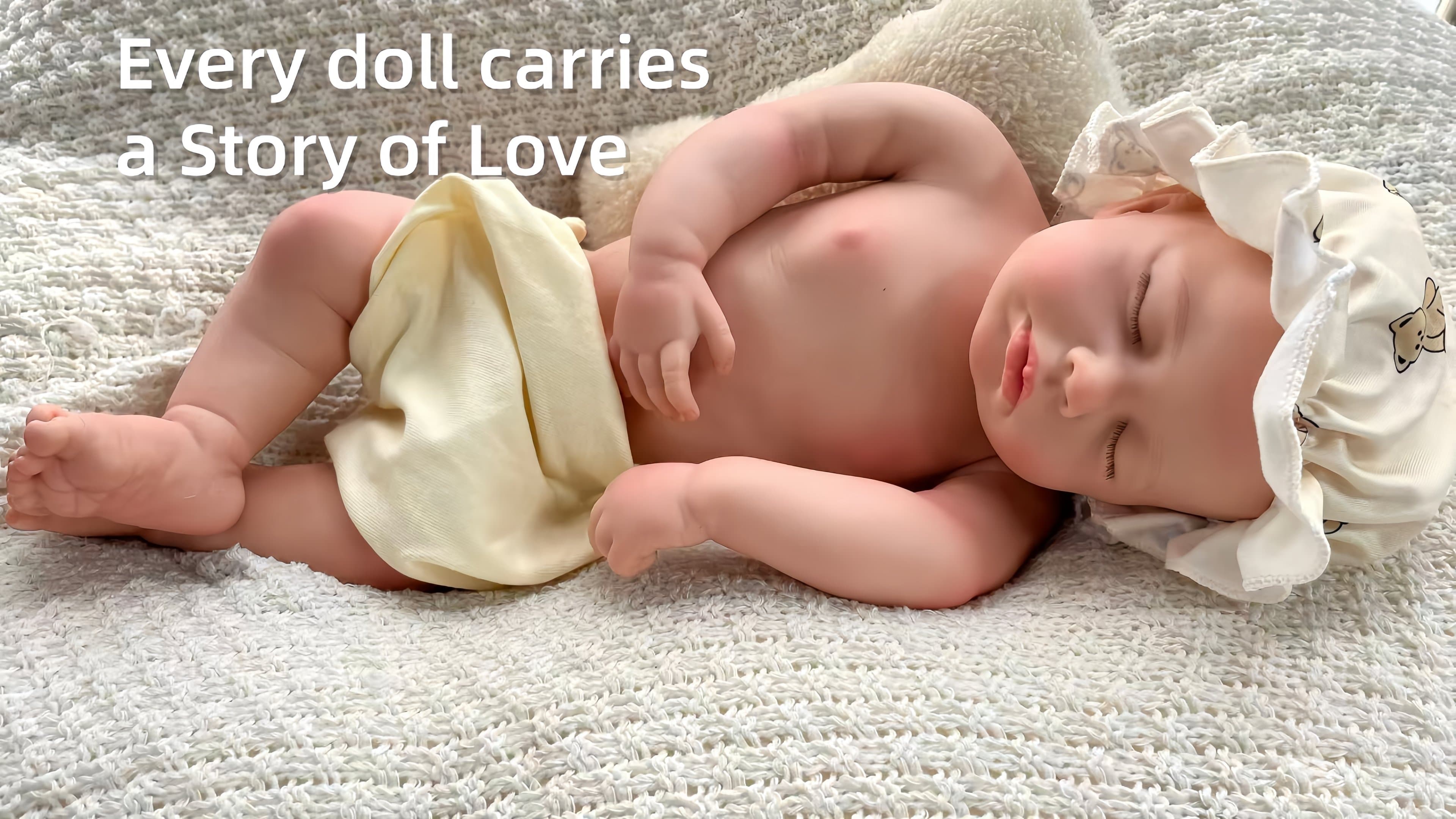 Sleeping reborn doll in a white ruffled bonnet, a pale yellow cloth across its lap, lying on a cream knit blanket under the words “Every doll carries a Story of Love”.