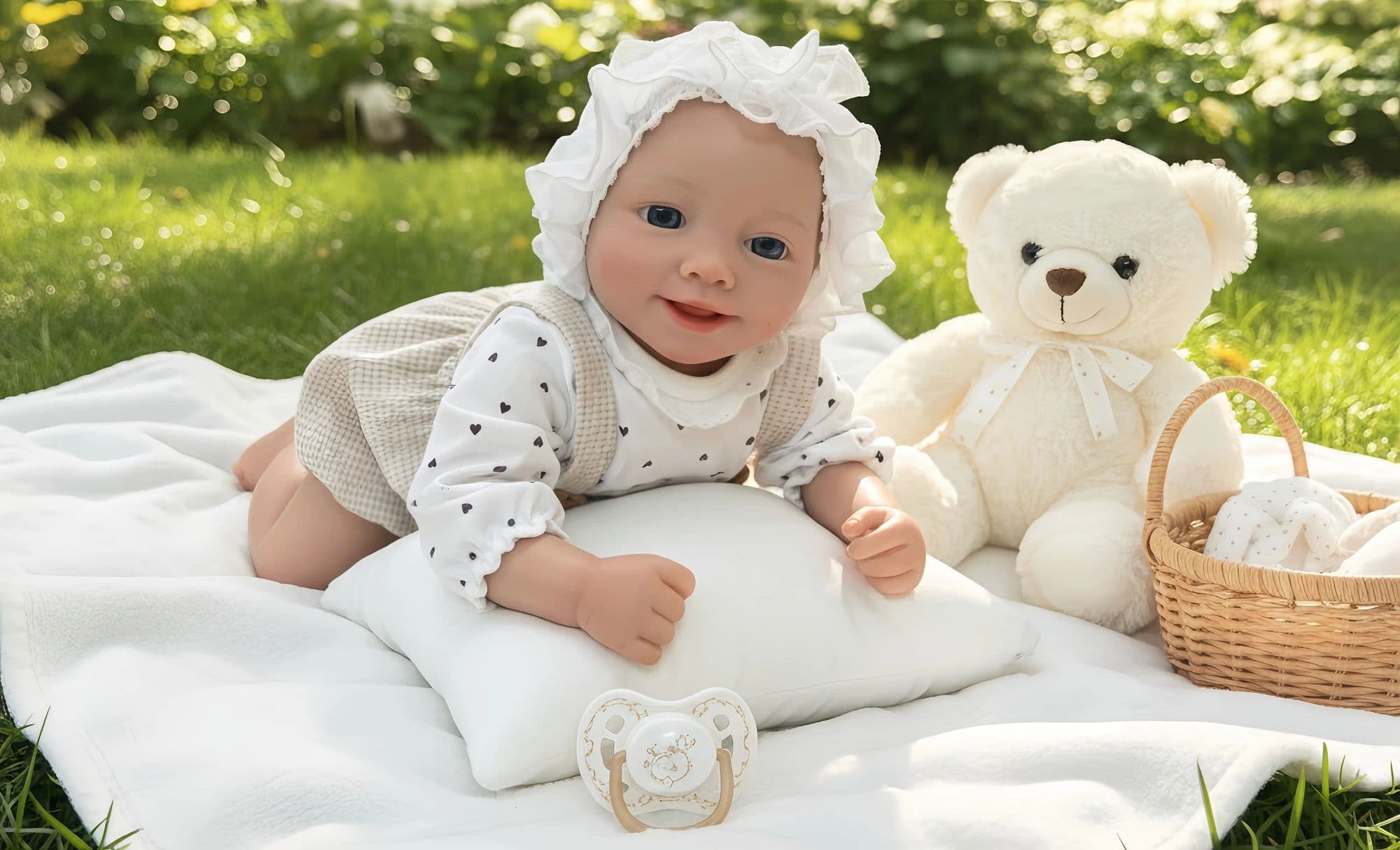 Smiling reborn doll in a white ruffled bonnet and polka-dot top, lying on a pillow on the lawn beside a teddy bear and a wicker basket.