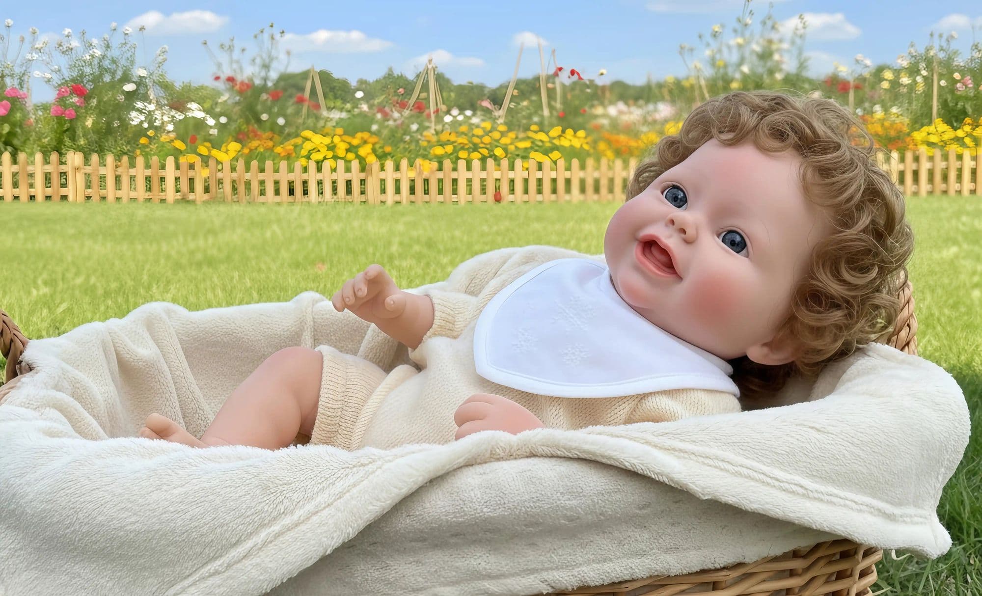 Smiling reborn doll with curly brown hair and a white bib, lying in a blanket-lined wicker basket on a garden lawn.