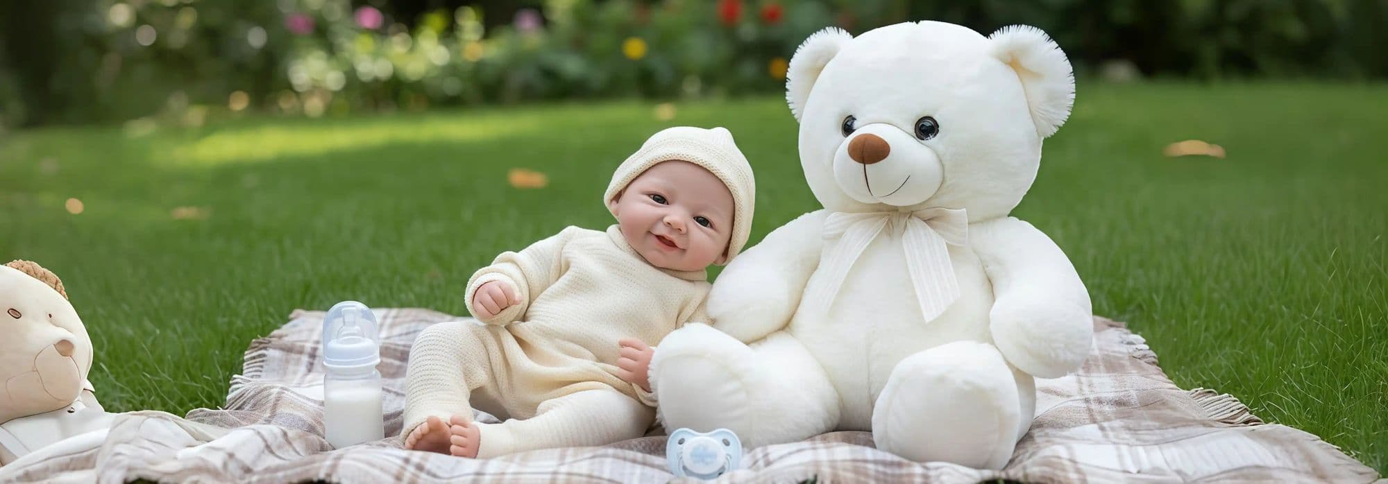 Reborn doll in a cream outfit sitting on a picnic blanket on the lawn beside a large white teddy bear.